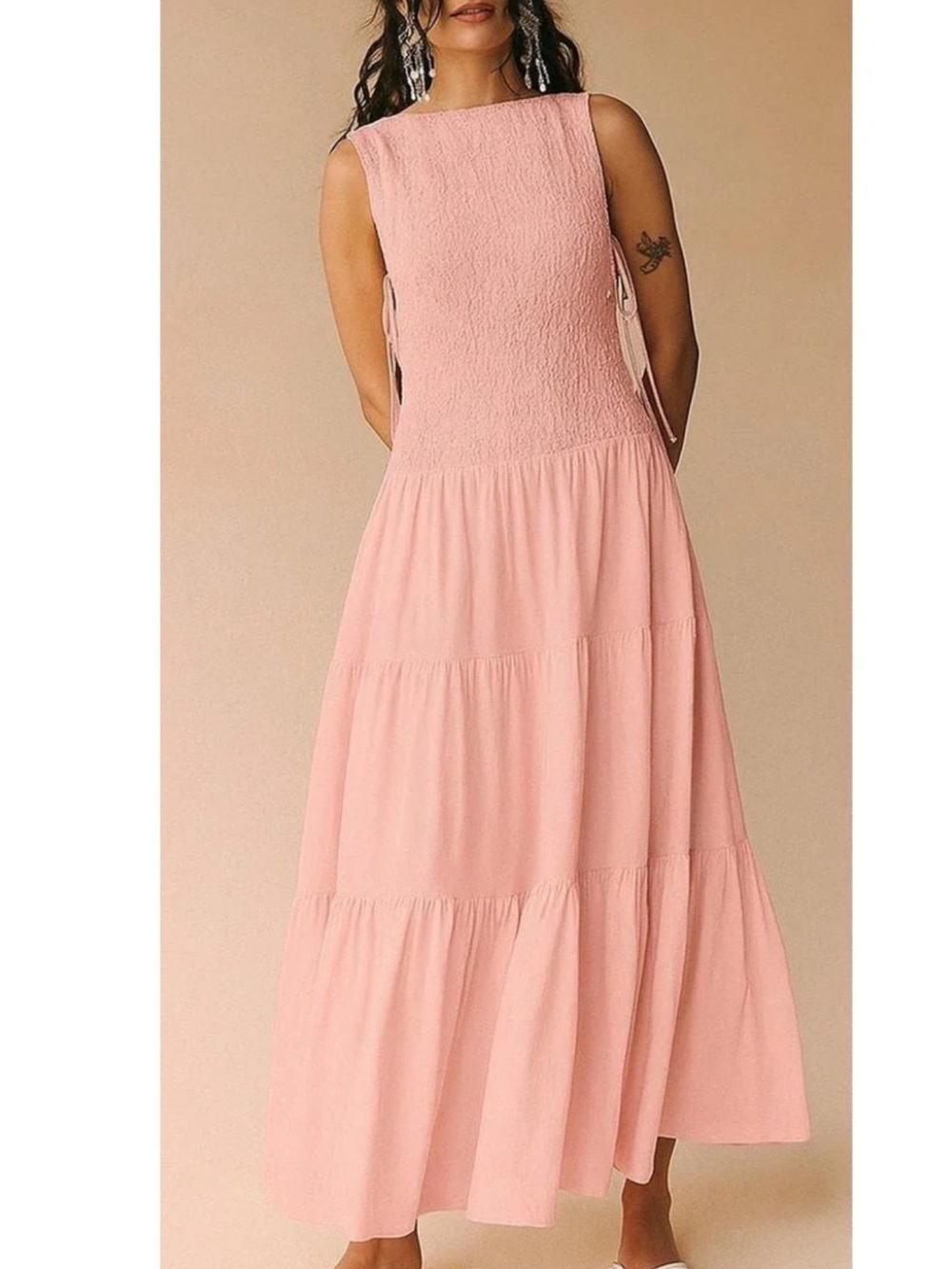 Free People Sterling Smocked Blush Pink Tiered Maxi Dress NWT